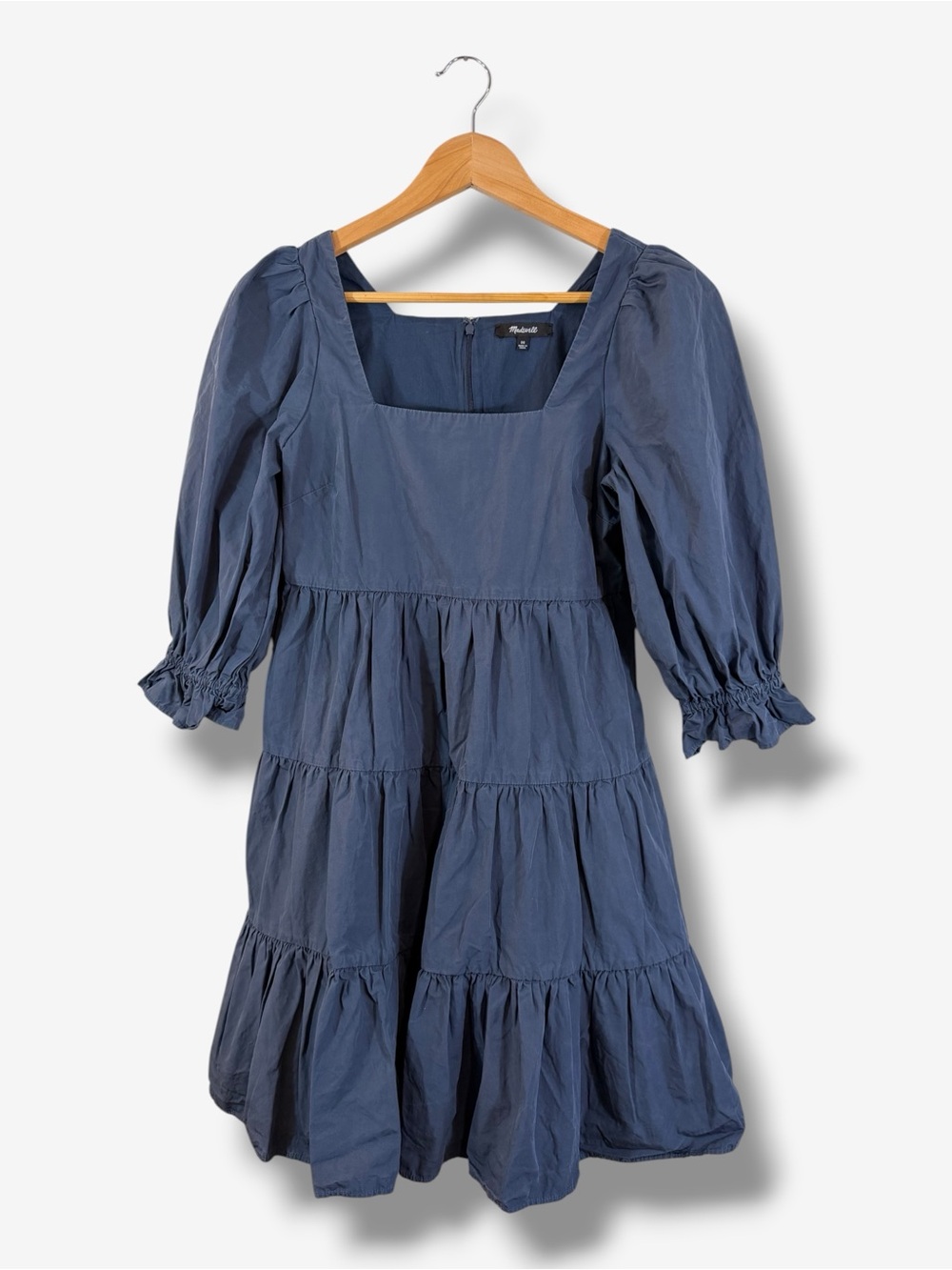 Madewell Poplin Lizzie Babydoll Dress Size 00 Blue Square Neck Tiered NE747
